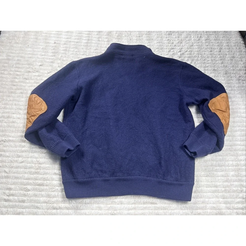 Orvis Vintage 100% Wool T Snap Sweater L‎ Leather Elbow Patch Pullover Blue